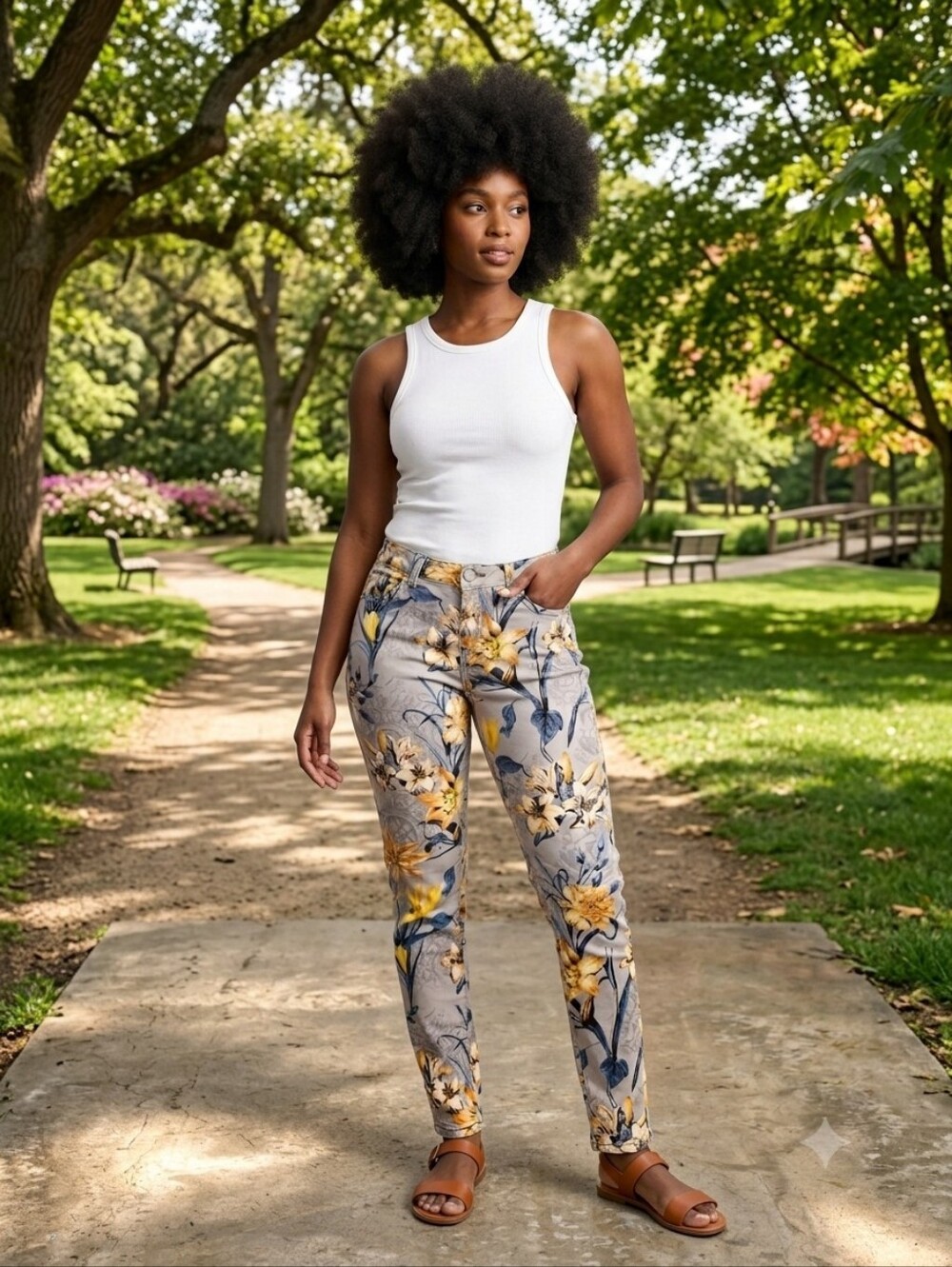 Floral Print Women's Stretch Pants in Gray & Yellow